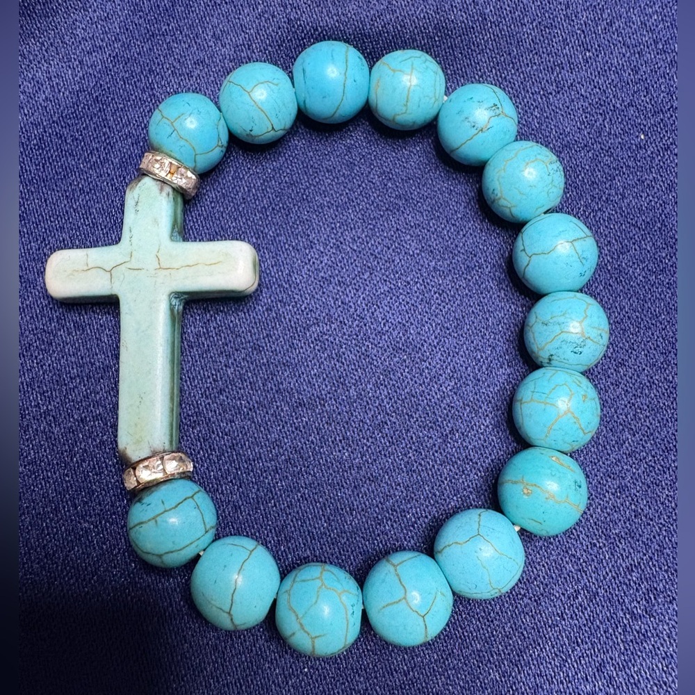 Cross Bracelet Howlite Beaded Turquoise Dyed Stretch Boho Y2K